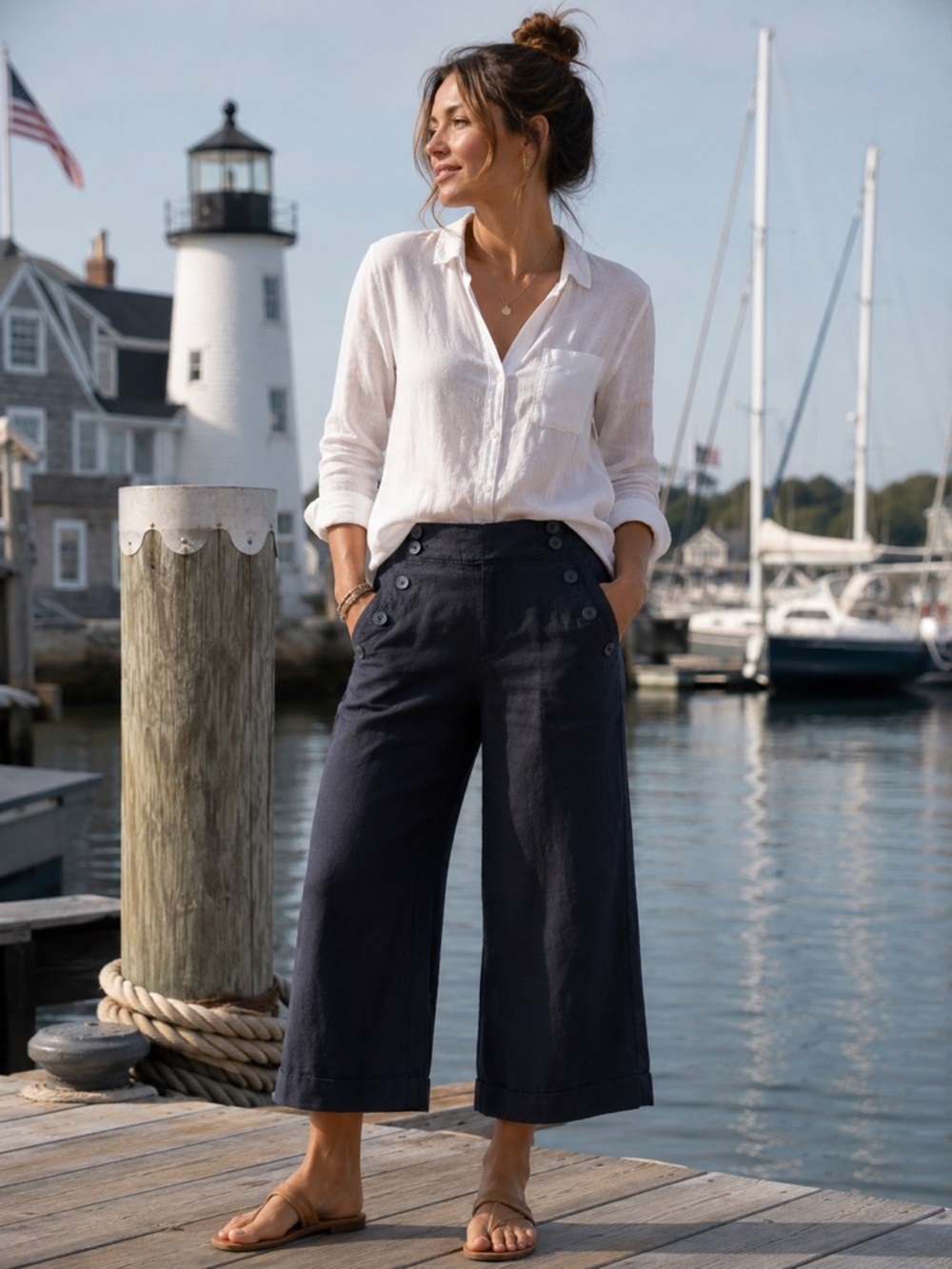 Ann Taylor Loft Petites Navy Linen Sailor Crop Pants Wide Leg 00P Nautical